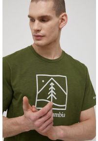 columbia - Columbia t-shirt bawełniany kolor zielony z nadrukiem. Kolor: zielony. Materiał: bawełna. Wzór: nadruk
