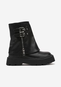 Born2be - Czarne Botki na Grubej Tłoczonej Podeszwie z Wywinietą Cholewką Ozdobnym Suwakiem Tinthelis. Okazja: na co dzień, na spacer. Kolor: czarny. Materiał: jeans. Szerokość cholewki: normalna. Wzór: kolorowy. Styl: klasyczny, casual, elegancki