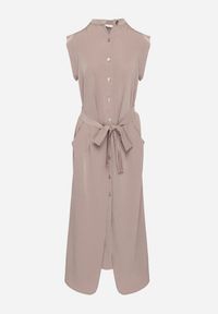 Born2be - Brązowa Sukienka Koszulowa o Rozkloszowanym Kroju z Wiązaniem w Pasie Mavirielle. Okazja: na co dzień. Typ kołnierza: dekolt w serek. Kolor: brązowy. Materiał: skóra. Długość rękawa: długi rękaw. Typ sukienki: koszulowe. Styl: casual, elegancki #7