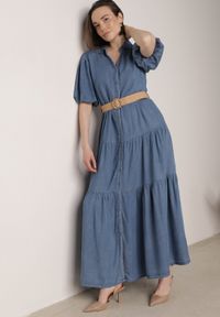 Born2be - Jasnoniebieska Sukienka Koszulowa z Wiskozą Bufiastymi Rękawami i Plecionym Paskiem Eriflara. Kolor: niebieski. Materiał: wiskoza. Wzór: ażurowy. Typ sukienki: koszulowe. Styl: elegancki, klasyczny #3