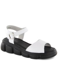Skórzane sandały damskie na koturnie białe Vinceza 7884. Kolor: biały. Materiał: skóra. Obcas: na koturnie