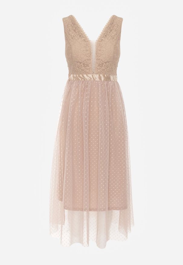 Born2be - Ciemnobeżowa Rozkloszowana Sukienka Tiulowa z Koronką Celila. Okazja: na wesele, na ślub cywilny, na imprezę. Typ kołnierza: dekolt w serek. Kolor: beżowy. Materiał: koronka, tiul. Wzór: koronka. Typ sukienki: kopertowe. Styl: elegancki