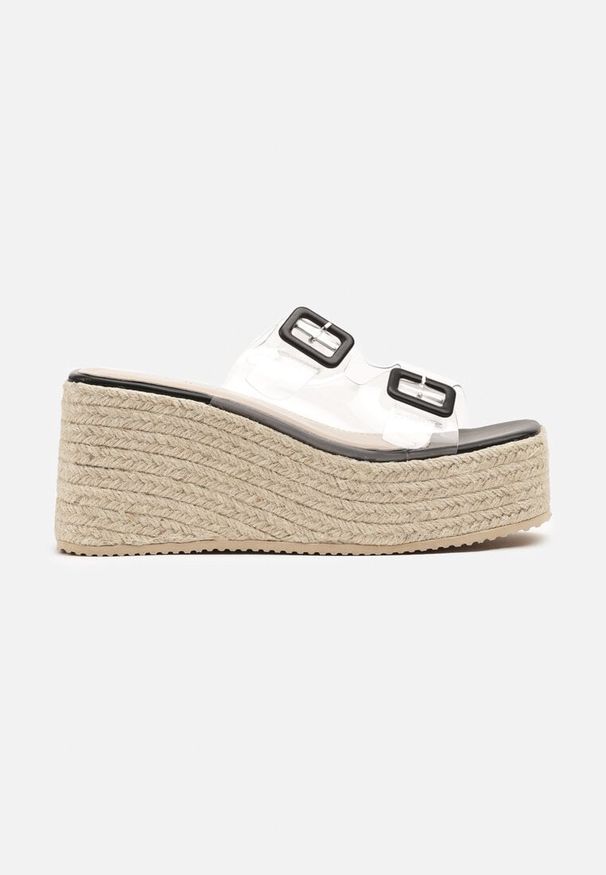 Born2be - Czarne Klapki na Plecionym Koturnie i Platformie z Transparentnymi Paskami Relinda. Okazja: na co dzień. Kolor: czarny. Materiał: jeans. Wzór: aplikacja, paski. Obcas: na koturnie. Styl: casual