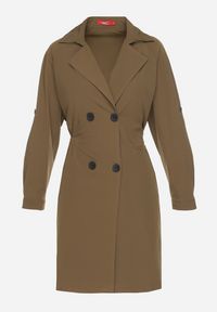 Born2be - Ciemnozielony Dwurzędowy Płaszcz z Bawełną i Regulowanymi Rękawami Ściągany z Tyłu Paskiem Mevalina. Okazja: do pracy. Kolor: zielony. Materiał: bawełna. Styl: elegancki, klasyczny #3