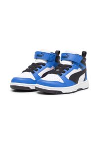 Puma - Dziecięce sneakersy Rebound V6 Mid PUMA White Black Racing Blue. Kolor: biały, wielokolorowy, niebieski, czarny