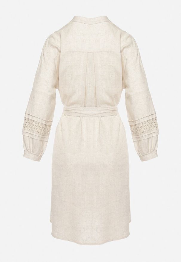 Born2be - Beżowa Sukienka Koszulowa Zapinana na Guziki z Paskiem w Talii i Ozdobnym Rękawem Rigaudona. Okazja: na spotkanie biznesowe. Kolor: beżowy. Typ sukienki: koszulowe. Styl: biznesowy, elegancki, klasyczny