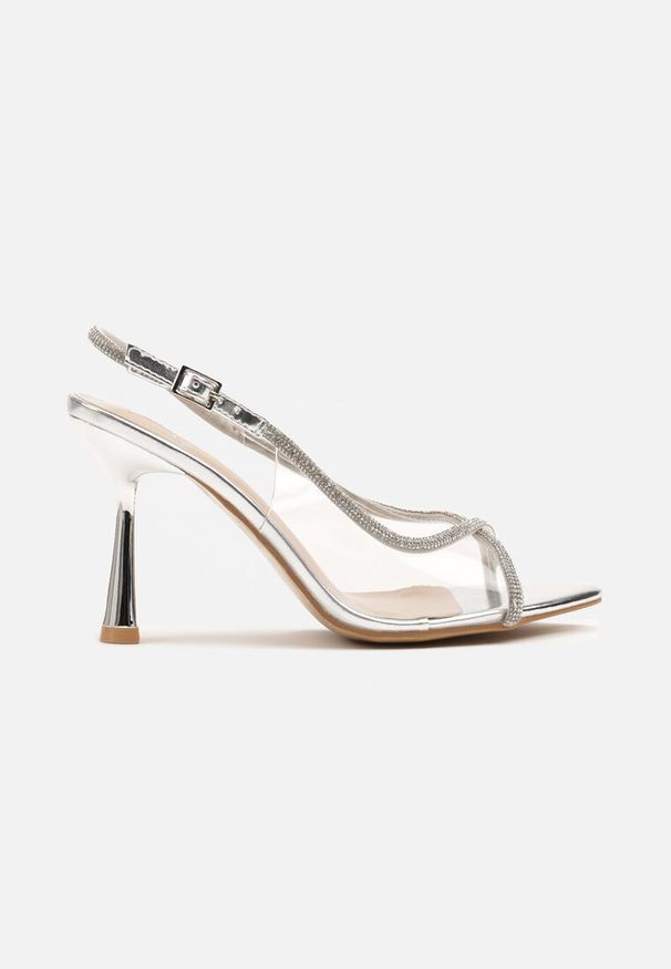 Renee - Srebrne Transparentne Sandały Slingback z Cyrkoniami na Klepsydrze Lilloti. Okazja: na co dzień, na randkę, na spotkanie biznesowe. Kolor: srebrny. Obcas: na obcasie. Styl: elegancki, biznesowy, wizytowy, casual. Wysokość obcasa: średni