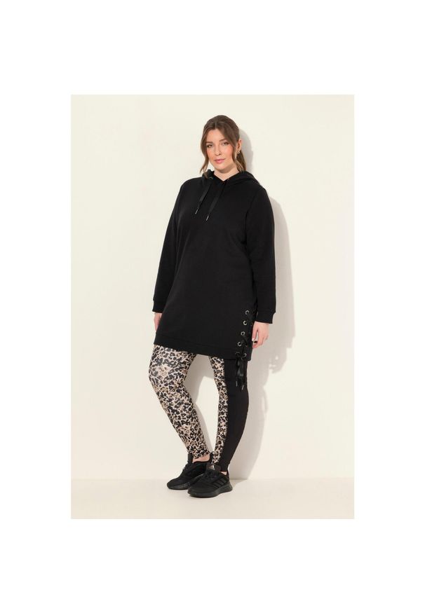 ULLA POPKEN - Damskie Długa bluza z kapturem tasiemka satynowa kaptur długi rękaw. Typ kołnierza: kaptur. Kolekcja: plus size. Kolor: czarny. Materiał: poliester, bawełna, materiał. Długość rękawa: długi rękaw. Długość: długie