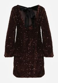 Born2be - Brązowa Cekinowa Sukienka z Odkrytymi Plecami i Wiązaniem Diadina. Kolor: brązowy. Materiał: wiskoza, elastan, futro. Wzór: aplikacja. Styl: wizytowy, elegancki #7