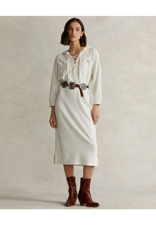 Ralph Lauren - RALPH LAUREN - Biała sukienka z kapturem midi Straight fit. Typ kołnierza: kaptur. Kolor: biały. Materiał: materiał. Długość rękawa: długi rękaw. Wzór: aplikacja. Długość: midi