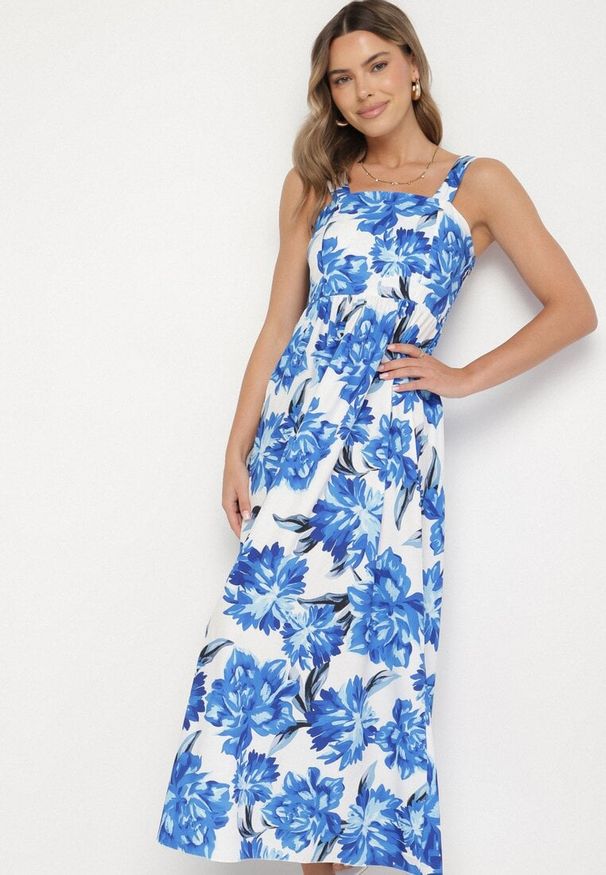 Born2be - Niebieska Rozkloszowana Sukienka z Wiskozą w Kwiatowym Wzór Nilarune. Kolor: niebieski. Materiał: wiskoza. Długość rękawa: na ramiączkach. Wzór: kwiaty. Sezon: lato. Styl: klasyczny