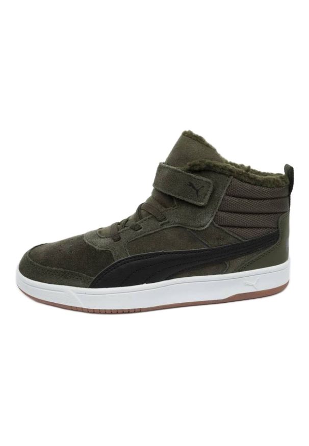 Buty Puma Rebound Street Sd Fur Ps Jr 367869 02 czarne zielone. Okazja: na co dzień. Zapięcie: rzepy. Kolor: wielokolorowy, czarny, zielony. Materiał: skóra, syntetyk, zamsz, materiał. Szerokość cholewki: normalna. Sezon: zima, jesień