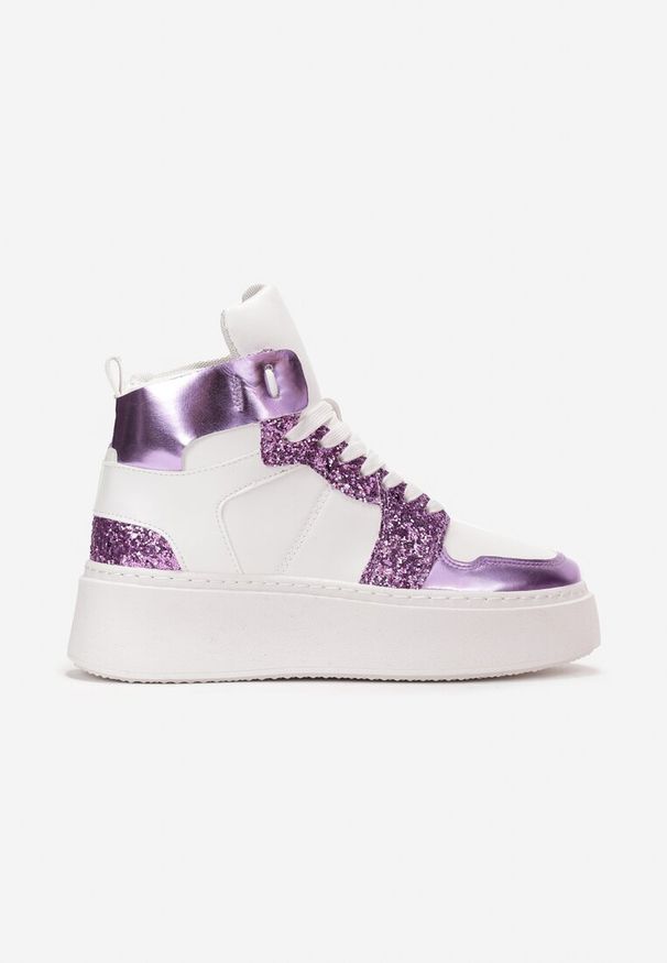 Renee - Biało-Fioletowe Sznurowane Sneakersy za Kostkę z Brokatem i Metalicznymi Wstawkami Sareena. Wysokość cholewki: za kostkę. Kolor: biały