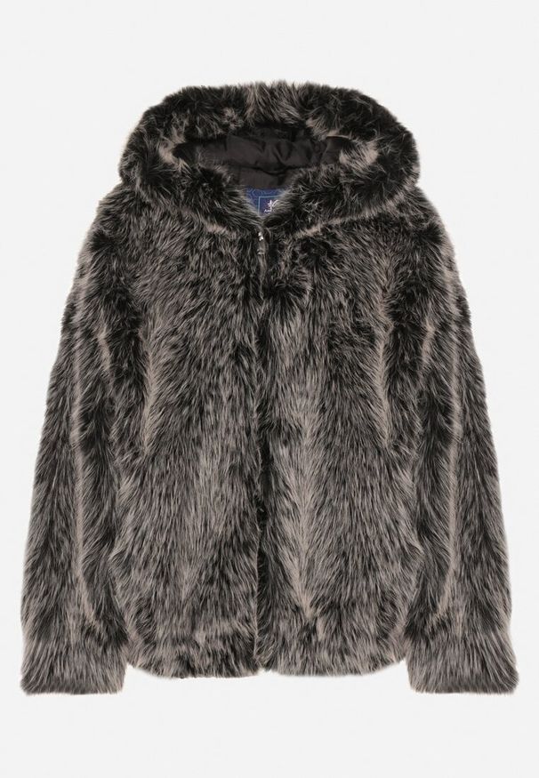 Born2be - Szara Futrzana Kurtka z Nieodpinanym Kapturem Lanellea. Okazja: na co dzień. Kolor: szary. Materiał: futro. Styl: casual, elegancki