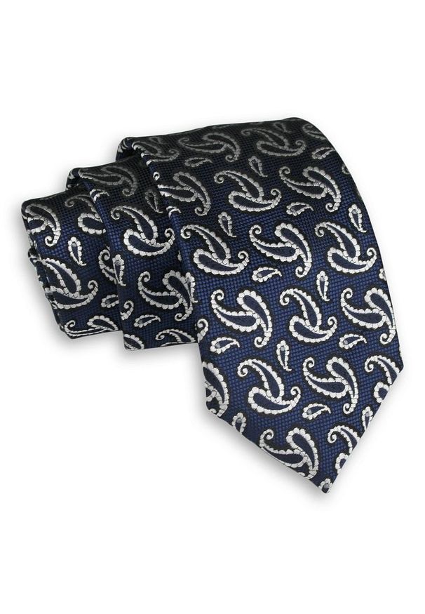 Alties - Ciemny Granatowy Elegancki Męski Krawat -ALTIES- 7 cm, Klasyczny, w Biały Wzór Paisley. Kolor: niebieski. Materiał: tkanina. Wzór: paisley. Styl: klasyczny, elegancki
