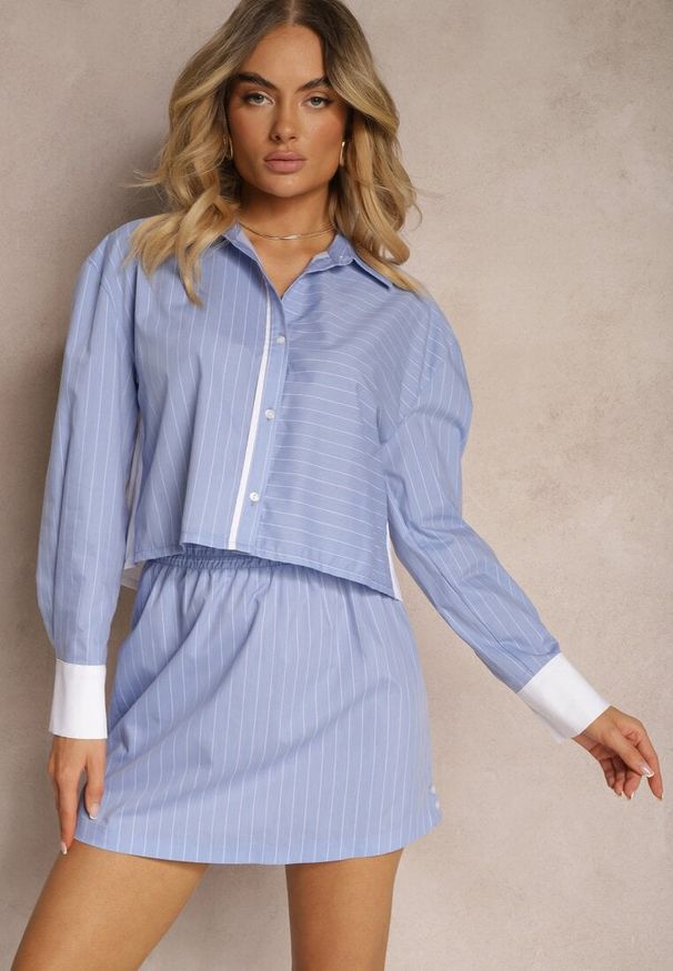 Renee - Niebieski Komplet Koszula z Guzikami Spódnica z Gumką w Talii Tiamarita. Kolor: niebieski. Materiał: tkanina
