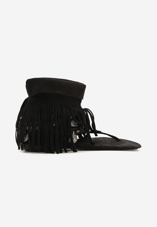 Renee - Czarne Sandały Typu Japonki Boho z Wysoką Cholewką z Frędzlami Effimay. Okazja: na co dzień. Kolor: czarny. Materiał: jeans. Sezon: lato. Styl: boho