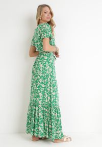 Born2be - Zielona Sukienka Maxi z Gumką w Pasie w Kwiaty Aretocia. Kolor: zielony. Wzór: kwiaty. Długość: maxi #2