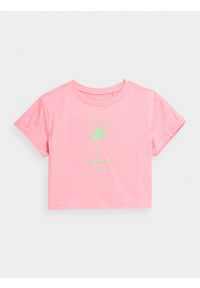 4f - T-shirt crop top z nadrukiem dziewczęcy. Kolor: różowy. Materiał: bawełna, dzianina. Wzór: nadruk #1