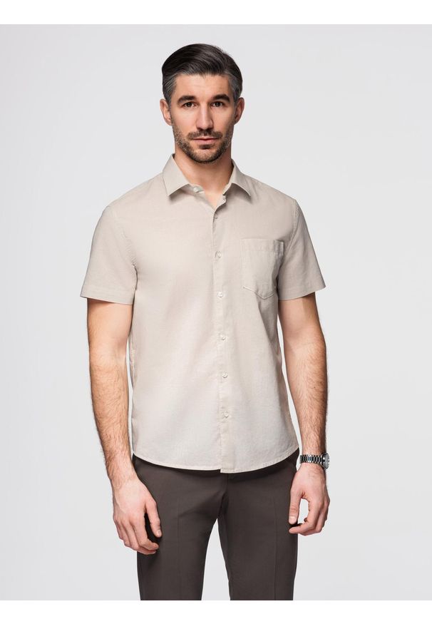 Ombre Clothing - Koszula męska z lnu i bawełny z krótkim rękawem i kieszonką – beżowa V4 - Rozmiar: XL. Kolor: beżowy. Materiał: bawełna, len. Długość rękawa: krótki rękaw. Długość: krótkie. Sezon: lato