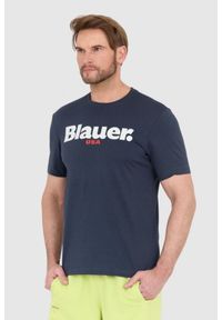 Blauer USA - BLAUER Granatowy męski t-shirt z dużym logo. Kolor: niebieski