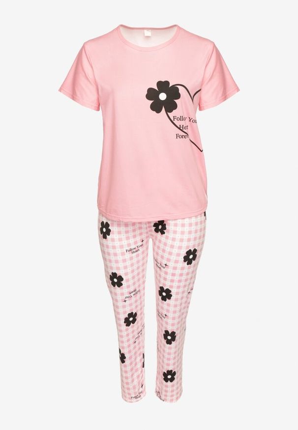 Born2be - Różowy Komplet Piżamowy z Motywem Kwiatowym Spodnie i T-shirt Milossa. Kolekcja: plus size. Kolor: różowy. Długość: krótkie. Wzór: kwiaty