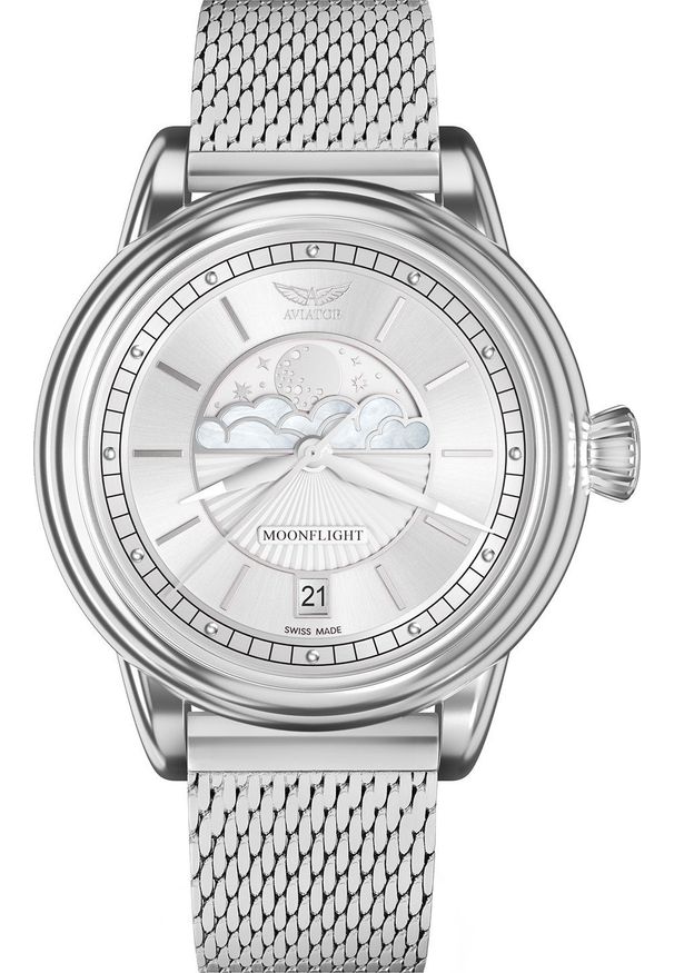 AVIATOR - Zegarek Aviator Zegarek damski Aviator V.1.33.0.250.5 srebrny. Kolor: srebrny