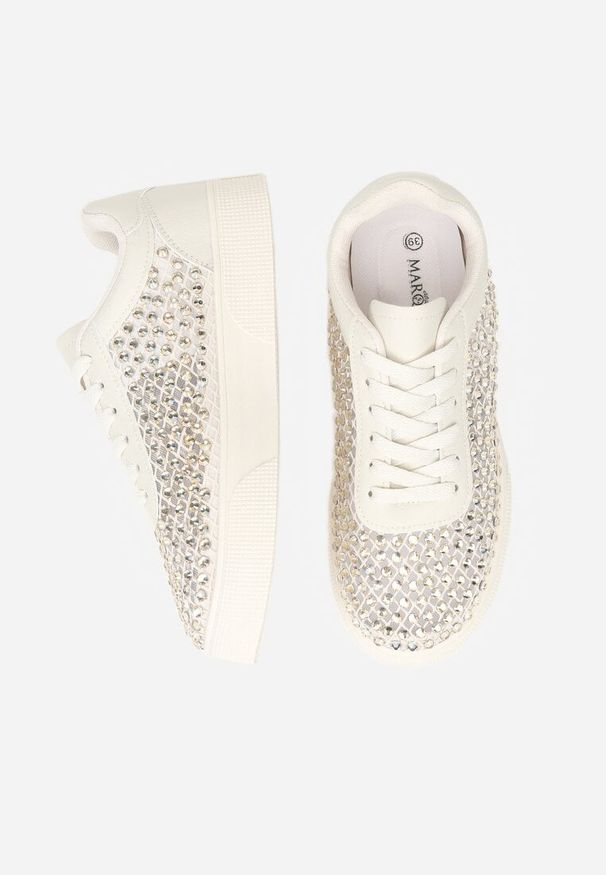 Renee - Beżowe Cyrkoniowe Sneakersy na Platformie Lilaela. Okazja: na co dzień. Kolor: beżowy. Materiał: jeans. Obcas: na platformie