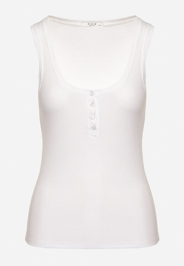 Born2be - Biały Top z Bawełną Ozdobiona Guzikami przy Dekolcie Carithiel. Okazja: na co dzień. Kolor: biały. Materiał: bawełna. Wzór: aplikacja. Styl: casual