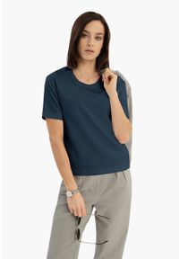 Volcano - Ciemnoniebieska bluzka z modalu TM-ELI. Kolor: niebieski. Materiał: poliester, elastan, skóra, materiał. Długość rękawa: krótki rękaw. Długość: krótkie. Wzór: gładki. Sezon: zima, wiosna, jesień, lato #1