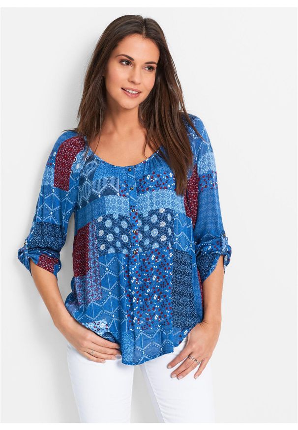 bonprix - Tunika kreszowana, długi rękaw. Kolor: niebieski. Długość rękawa: długi rękaw. Długość: długie. Wzór: nadruk