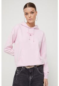 Tommy Jeans bluza damska kolor różowy z kapturem z nadrukiem. Typ kołnierza: kaptur. Kolor: różowy. Wzór: nadruk #1