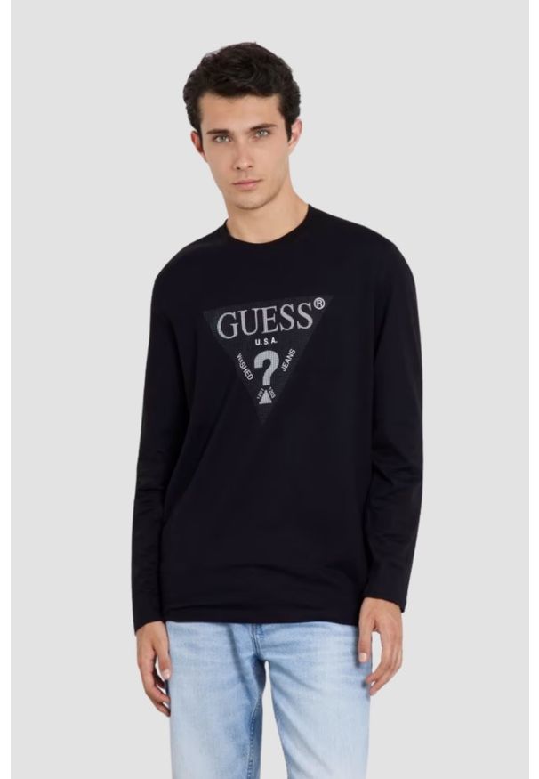Guess - GUESS Czarny męski longsleeve Ls Cn, Rozmiar M. Kolor: czarny. Materiał: bawełna. Długość rękawa: długi rękaw. Długość: długie. Styl: elegancki