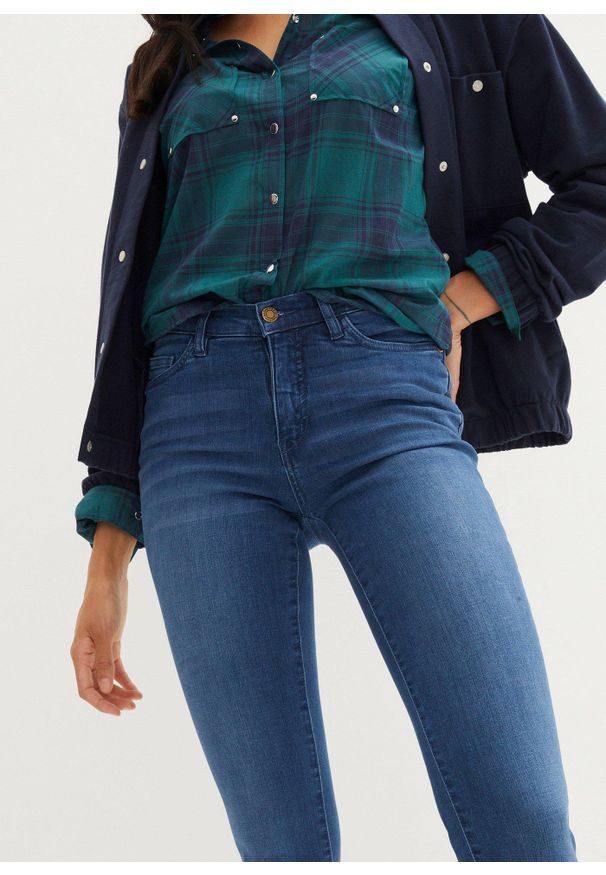 bonprix - Modelujące dżinsy slim fit high waist. Stan: podwyższony. Kolor: niebieski