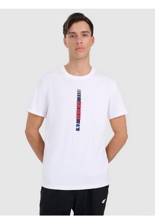 4f - 4F T-shirt regular z nadrukiem męski - biały XL. Okazja: na co dzień. Kolor: biały. Materiał: materiał, bawełna. Wzór: nadruk. Styl: casual