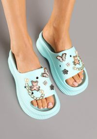 Born2be - Jasnozielone Klapki Piankowe na Grubej Podeszwie z Ozdobnymi Aplikacjami Hizana. Okazja: na co dzień. Kolor: zielony. Materiał: jeans. Wzór: aplikacja. Styl: casual #6