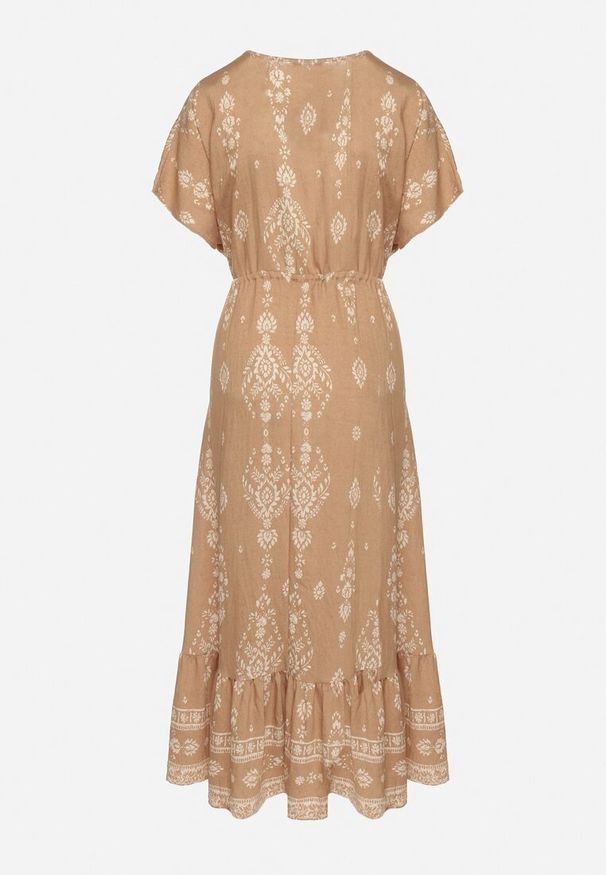 Born2be - Ciemnobeżowa Sukienka Rozkloszowana z Wiskozą w Boho Wzór z Falbaną Turaline. Typ kołnierza: kołnierz z falbankami. Kolor: beżowy. Materiał: wiskoza. Sezon: lato. Typ sukienki: rozkloszowane. Styl: boho