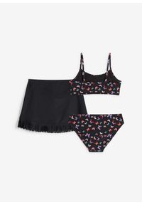 bonprix - Bikini ze spódniczką kąpielową (zestaw 3 cz.). Kolor: czarny. Wzór: nadruk