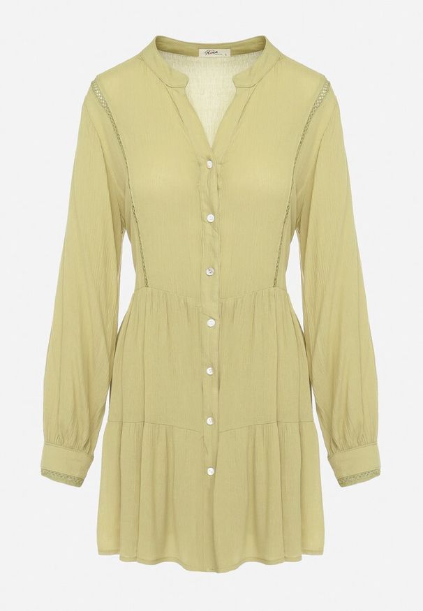 Born2be - Zielona Koszulowa Sukienka w Stylu Boho z Rozkloszowanym Dołem Liorda. Kolor: zielony. Sezon: wiosna, lato. Typ sukienki: koszulowe. Styl: boho. Długość: mini