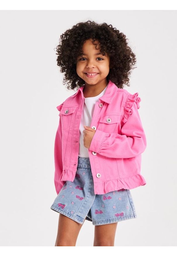 Sinsay - Kurtka jeansowa z falbanami - różowy. Kolor: różowy. Materiał: jeans
