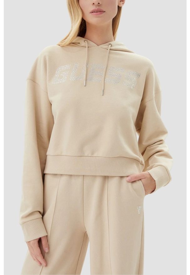 Guess - GUESS Beżowa bluza damska z cyrkoniami Primula, Rozmiar L. Kolor: beżowy
