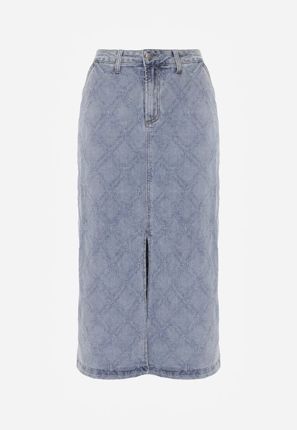 Renee - Niebieska Jeansowa Spódnica z Bawełny Zdobiona Printem w Romby i Rozcięciem Chrissna. Kolor: niebieski. Materiał: bawełna, jeans. Wzór: nadruk, aplikacja. Styl: elegancki
