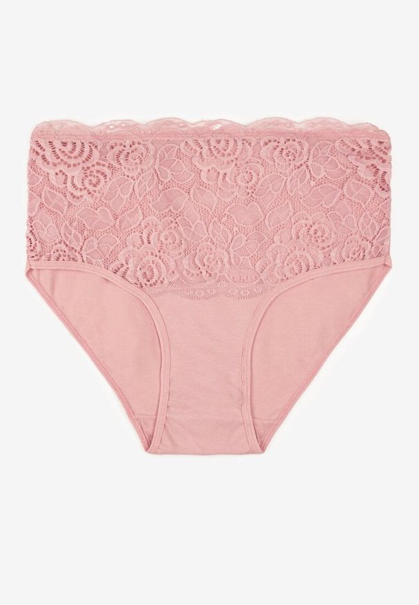 Renee - Różowe Majtki Figi z Bawełny Zdobione Koronką Idivia. Kolekcja: plus size. Kolor: różowy. Materiał: koronka, bawełna. Wzór: koronka, aplikacja