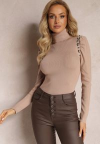 Renee - Ciemnobeżowy Sweter Golf z Perełkami Przy Bufiastych Rękawach Hutta. Typ kołnierza: golf. Kolor: beżowy. Sezon: zima