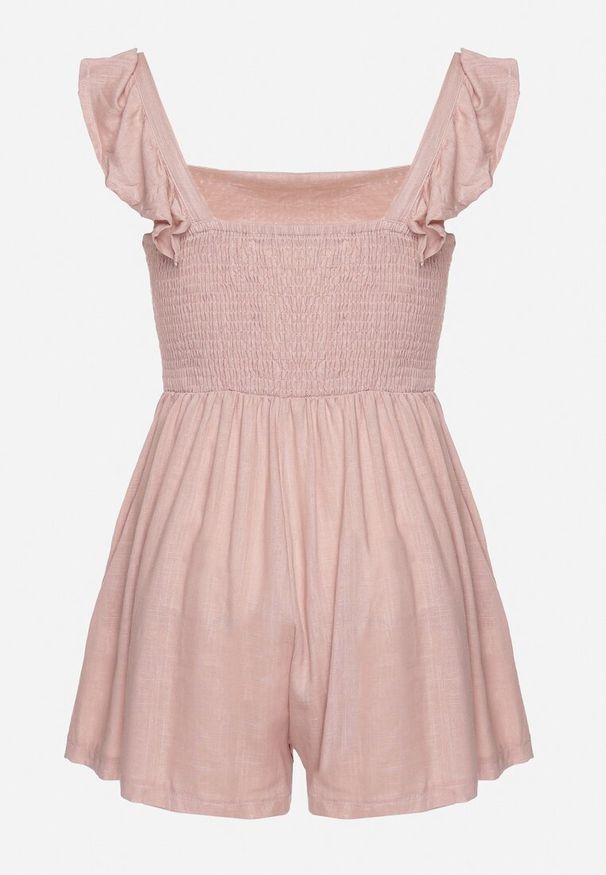 Born2be - Jasnoróżowy Kombinezon Bawełniany na Ramiączkach z Falbanką i Krótkimi Nogawkami Liadia. Kolor: różowy. Materiał: bawełna. Długość rękawa: na ramiączkach. Długość: krótkie. Styl: klasyczny