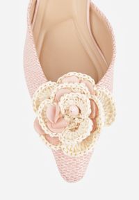 Born2be - Różowe Tweedowe Sandały na Kaczuszce z Odkrytą Piętą i Kwiatową Aplikacją Soza. Okazja: do pracy, na co dzień. Zapięcie: bez zapięcia. Kolor: różowy. Materiał: jeans. Wzór: aplikacja, kwiaty. Obcas: na szpilce. Styl: elegancki, casual #3