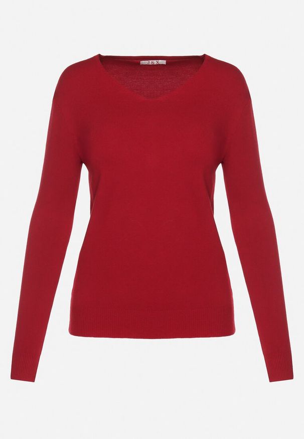 Born2be - Bordowy Sweter z Bawełną i Dekoltem w Serek Etarevia. Okazja: na co dzień. Typ kołnierza: dekolt w serek. Kolor: czerwony. Materiał: bawełna. Styl: casual