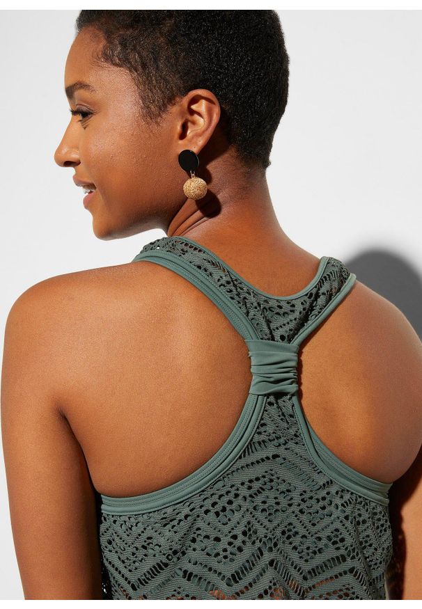 bonprix - Tankini (2 części) z koronki. Kolor: zielony. Materiał: materiał, koronka. Wzór: koronka