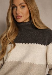 Renee - Brązowy Oversizowy Golf z Dodatkiem Kaszmiru w Szerokie Paski Nemeana. Typ kołnierza: golf. Kolor: brązowy. Materiał: kaszmir. Wzór: paski. Styl: elegancki #3