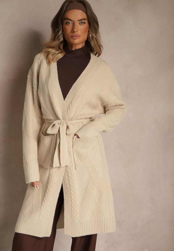 Renee - Beżowy Tłoczony Kardigan z Wełną o Kroju Bez Zapięć z Paskiem Dorrive. Okazja: na co dzień. Kolor: beżowy. Materiał: wełna. Styl: casual, elegancki